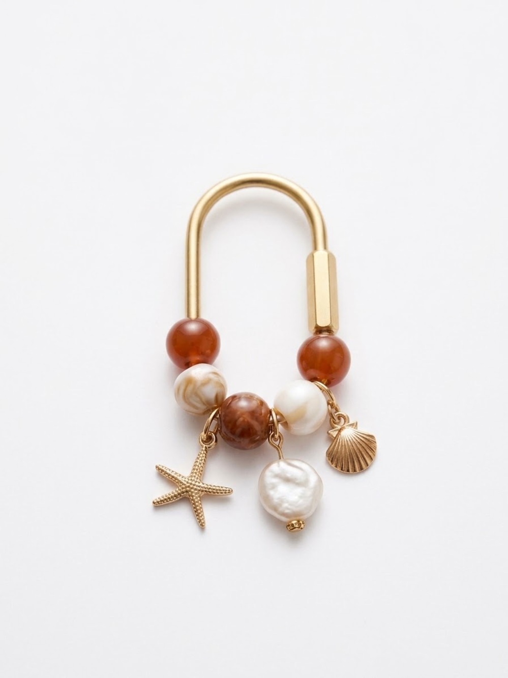 Gold-Tone Beach Starfish Carabiner Bag Charm Key Ring with Brown & Faux Pearl